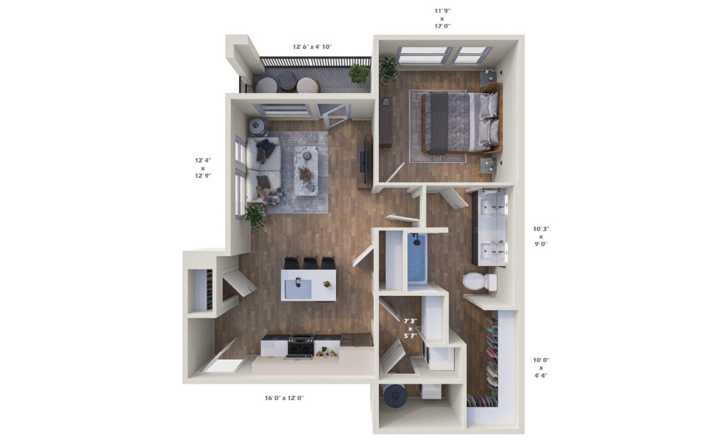 Explorer - 1 bedroom floorplan layout with 1 bathroom and 735 square feet